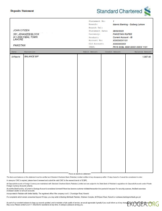 Modèle Word et PDF de relevé bancaire Standard Chartered du Pakistan